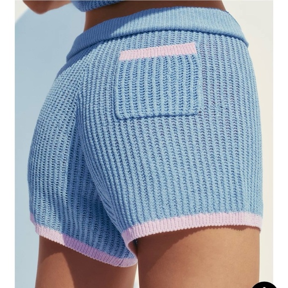 Zara Knit Lounge Shorts Blue Pink Tie Waist NWT Matching Set Coastal Size L - Picture 5 of 8